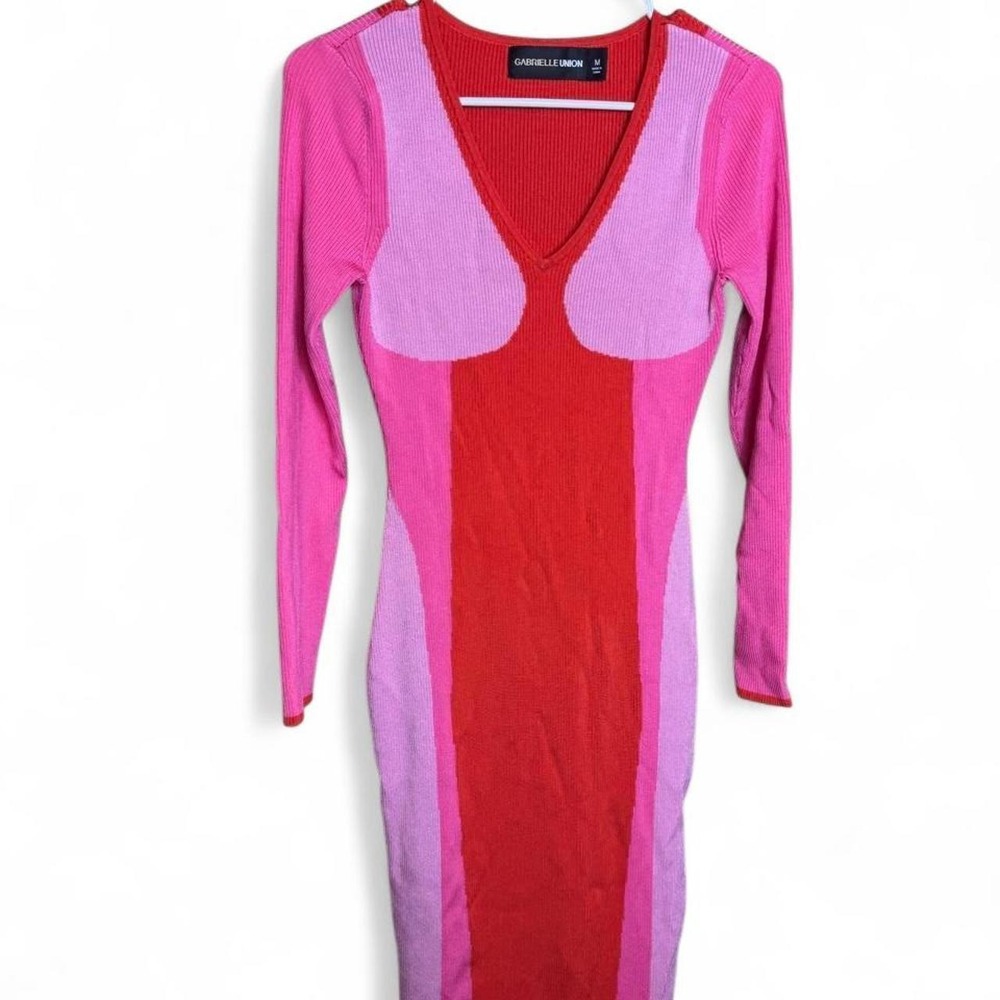 Gabrielle Union Pink Red Color Blocked Bodycon Midi Dress